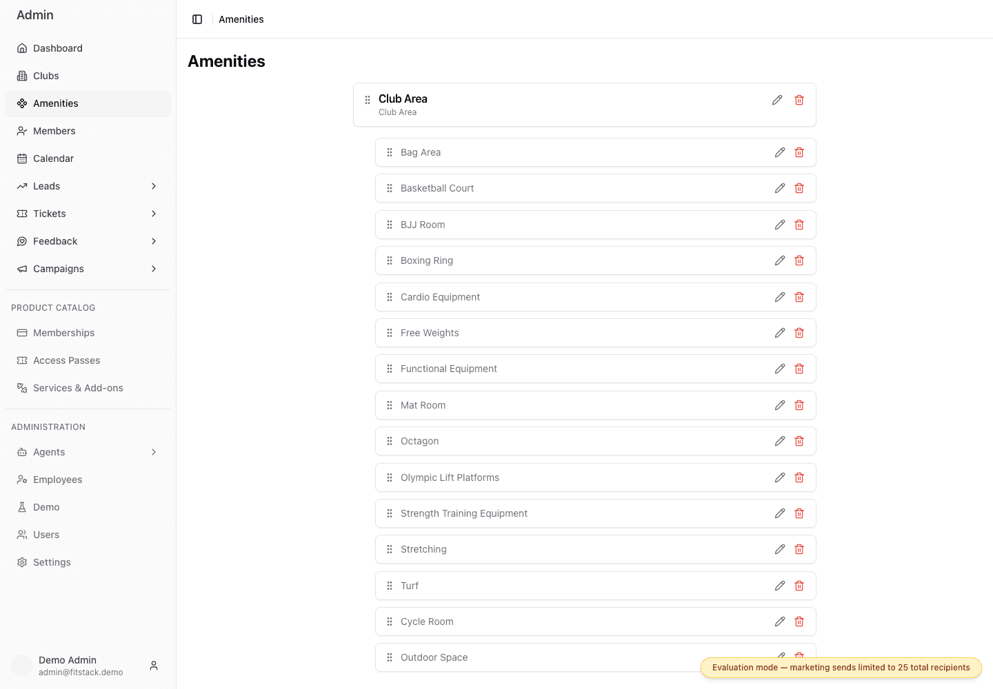 Brand-wide Amenities catalog with Club Area group, ordered amenities, drag handles, and edit and delete actions