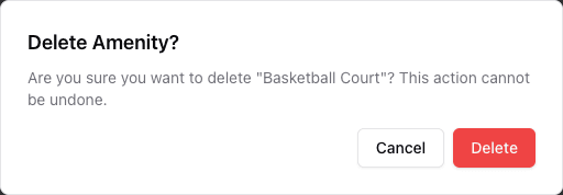 Delete Amenity confirmation for Basketball Court with Cancel and Delete actions
