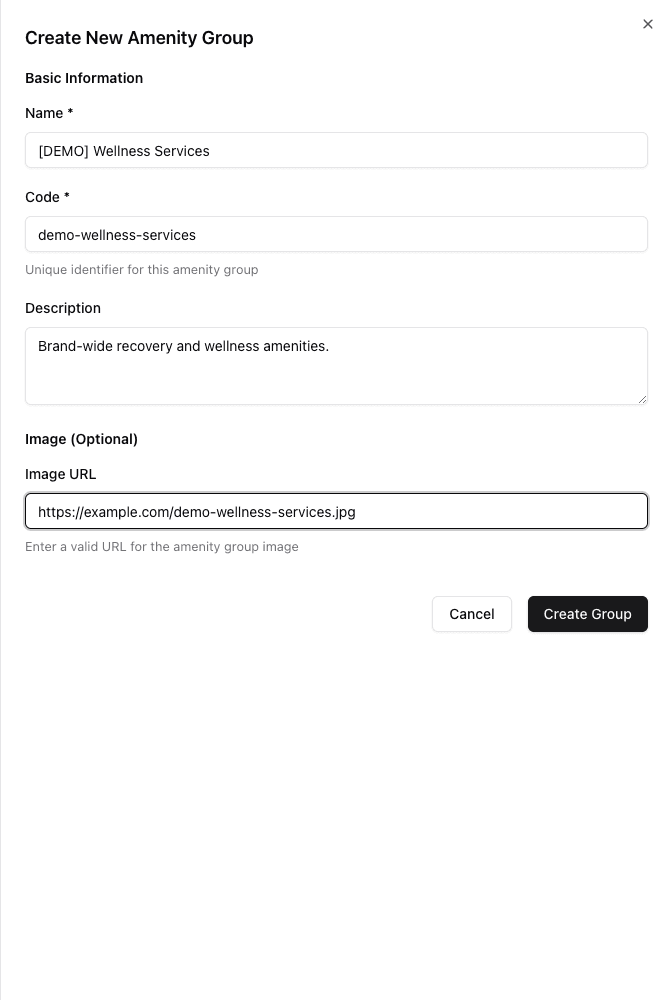 Create New Amenity Group form with synthetic name, code, description, and image URL