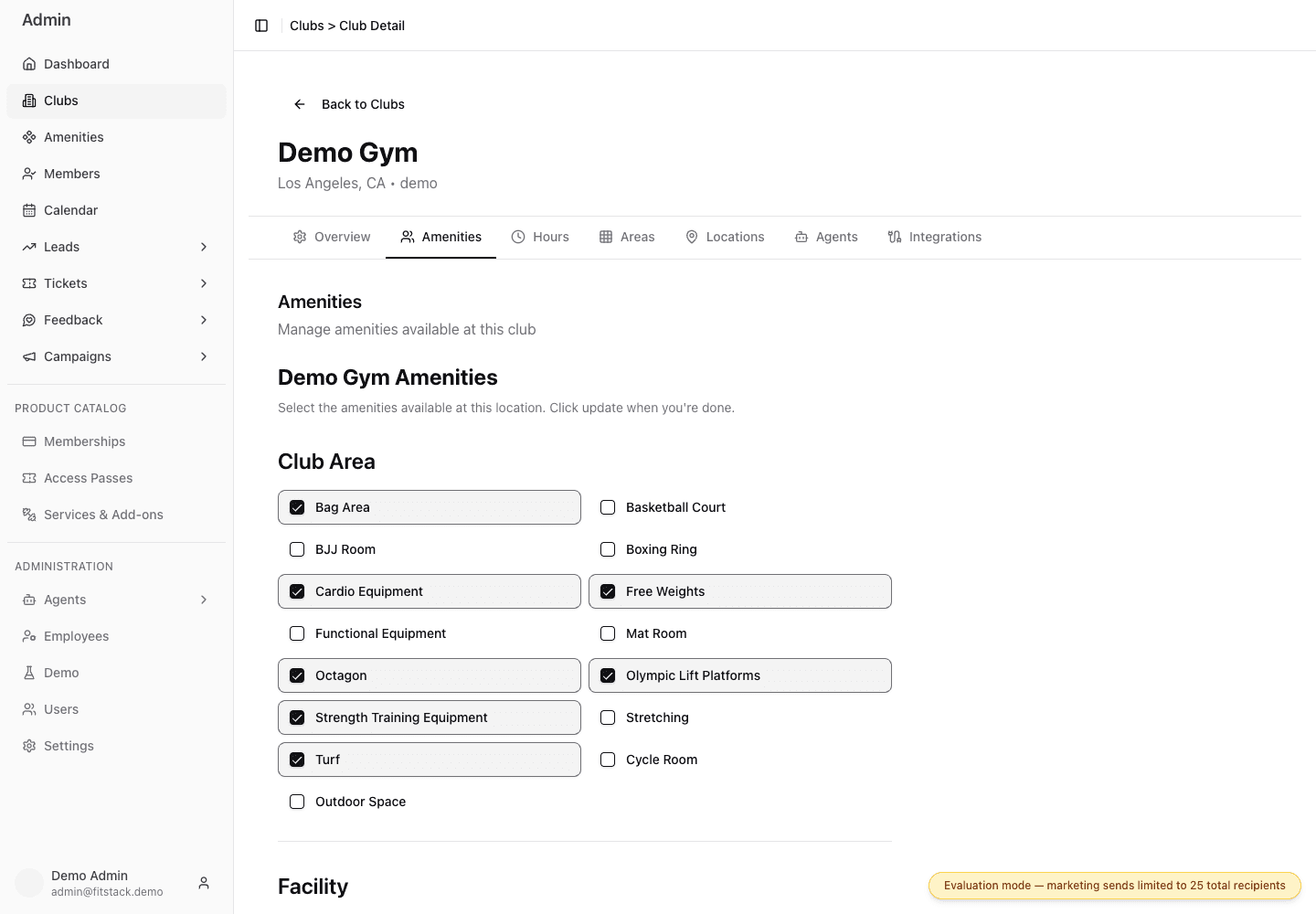 Demo Gym Amenities tab showing shared amenities grouped into Club Area and Facility categories with selected and unselected checkboxes