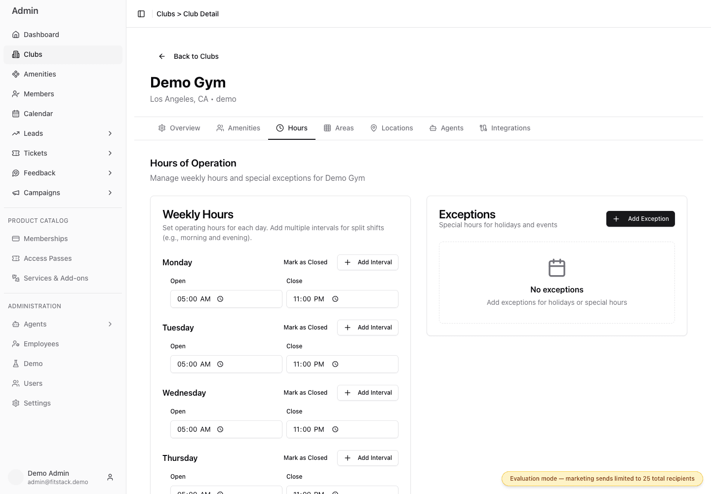 Demo Gym Hours tab showing regular weekday intervals and a separate Exceptions panel
