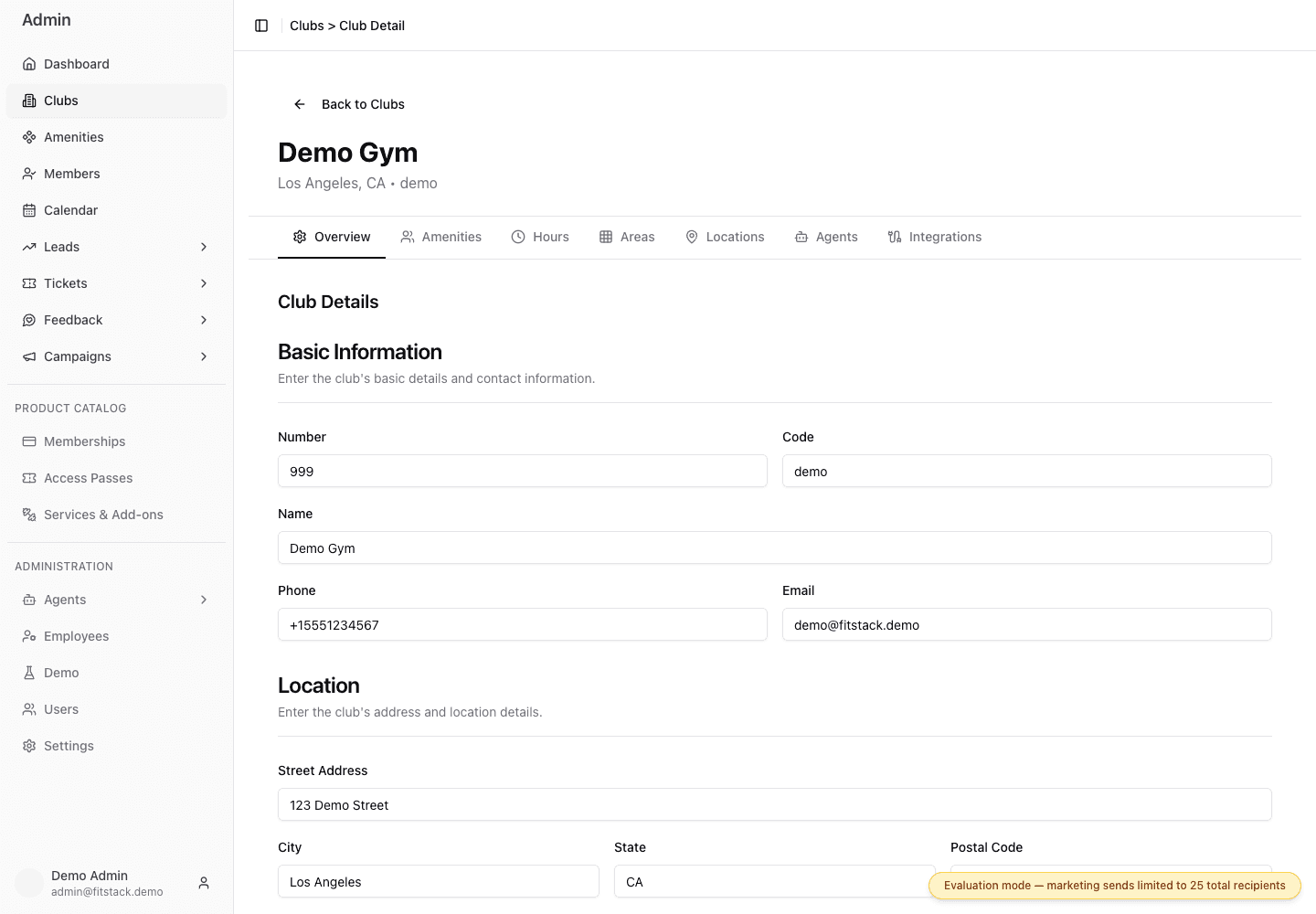 Demo Gym Overview showing the club tabs, basic information, and physical location fields