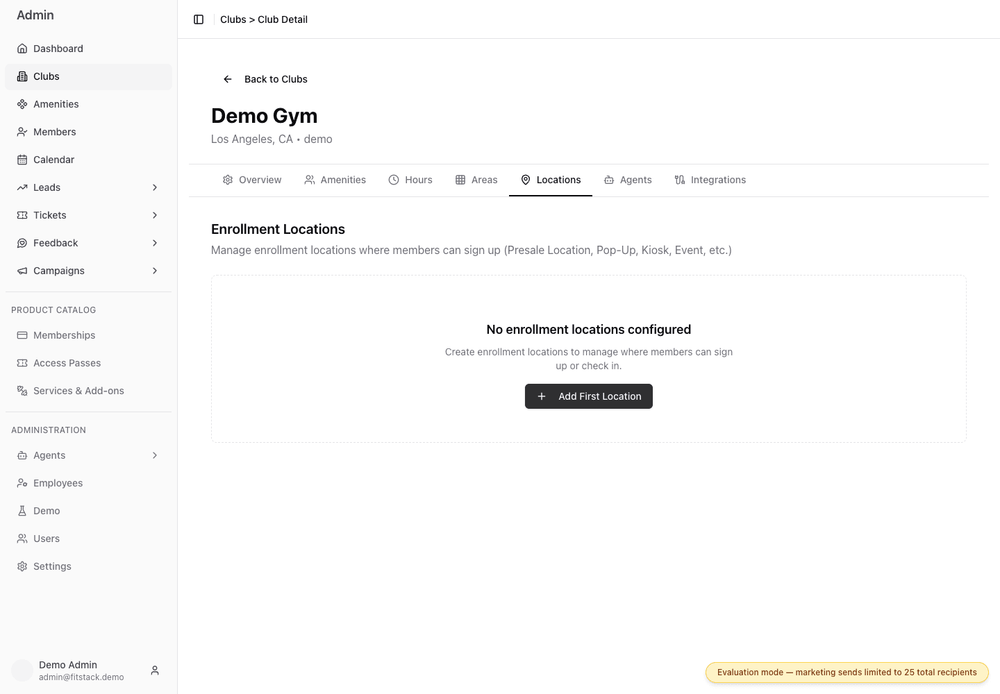 Demo Gym Locations tab with an empty Enrollment Locations list and Add First Location action