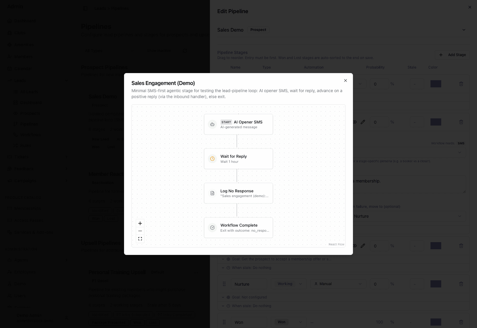 Demo Sales Engagement workflow showing AI opener, wait for reply, no-response logging, and completion