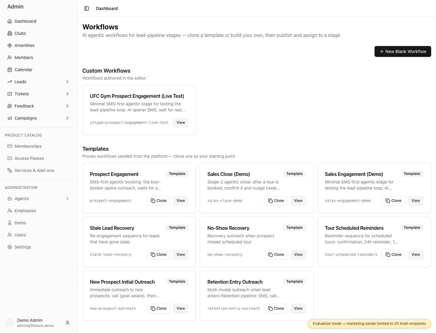 Lead workflow library in the Demo Admin with custom workflows and templates