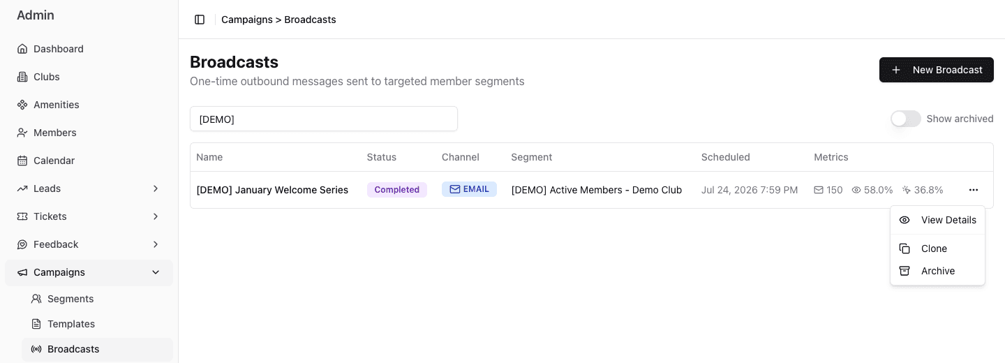 Completed Demo broadcast with its actions menu open