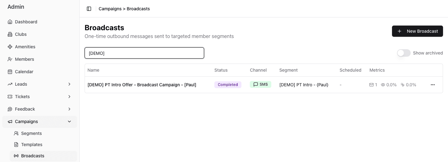 Broadcasts list filtered to a completed synthetic Demo SMS campaign with one-decimal engagement rates
