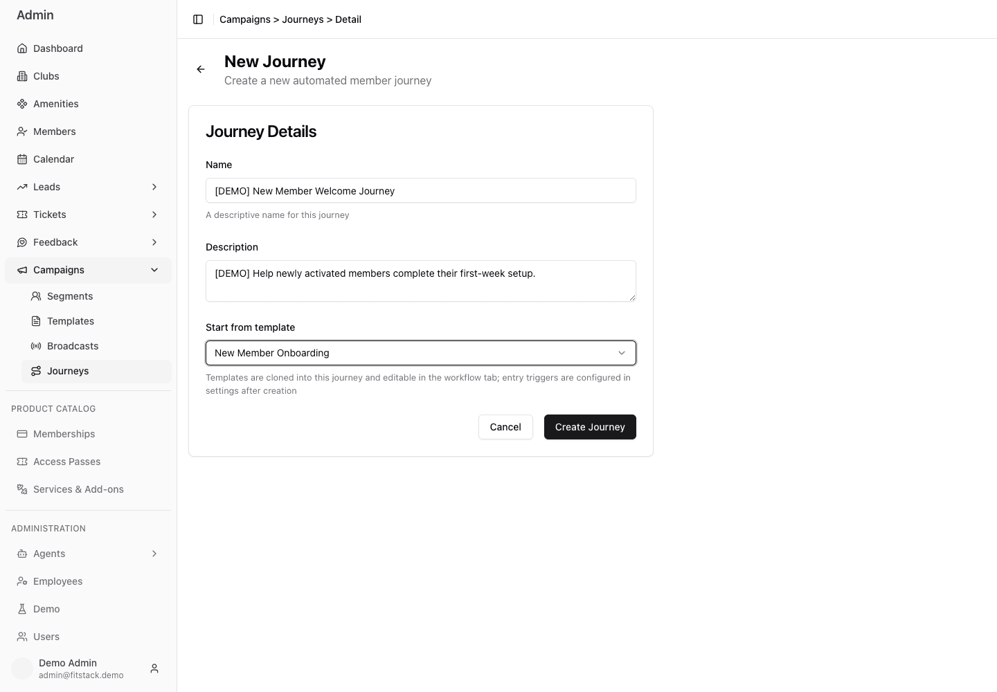 New Journey form containing an unsaved synthetic Demo name, purpose, and selected New Member Onboarding template