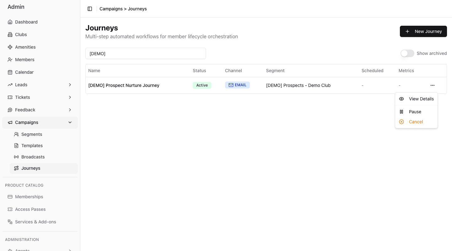 Active synthetic Demo Journey with its action menu open showing View Details, Pause, and Cancel