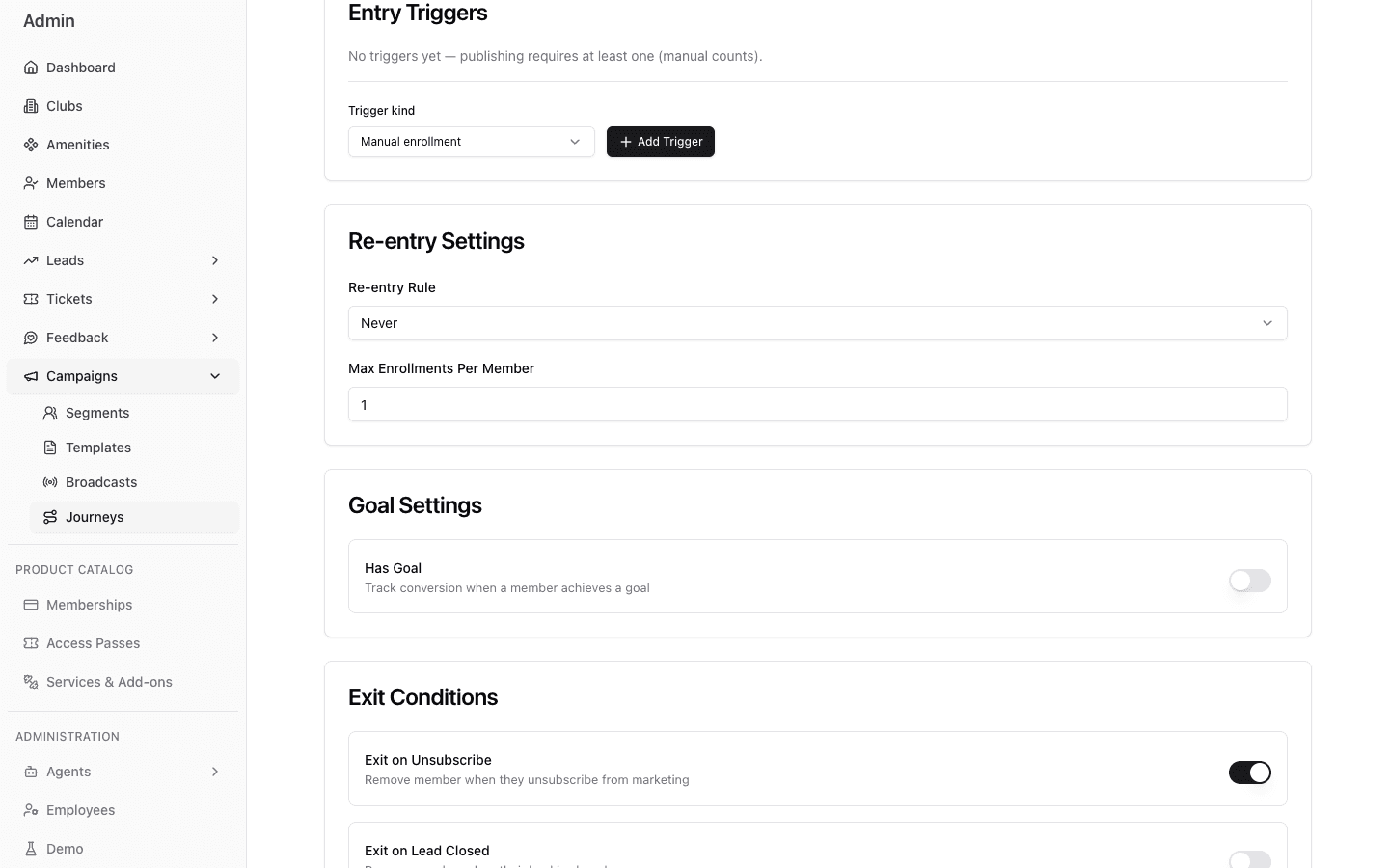 Journey Settings showing Entry Triggers and Re-entry Settings in the Demo Admin