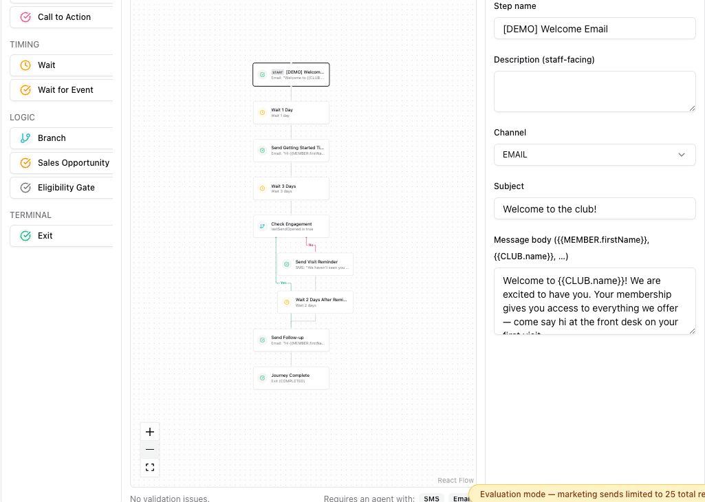 Journey workflow editor palette and canvas with synthetic Demo message, wait, branch, and exit steps