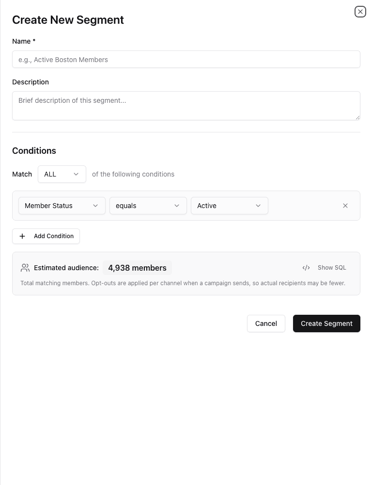 The empty Create New Segment sheet with one default Active member condition