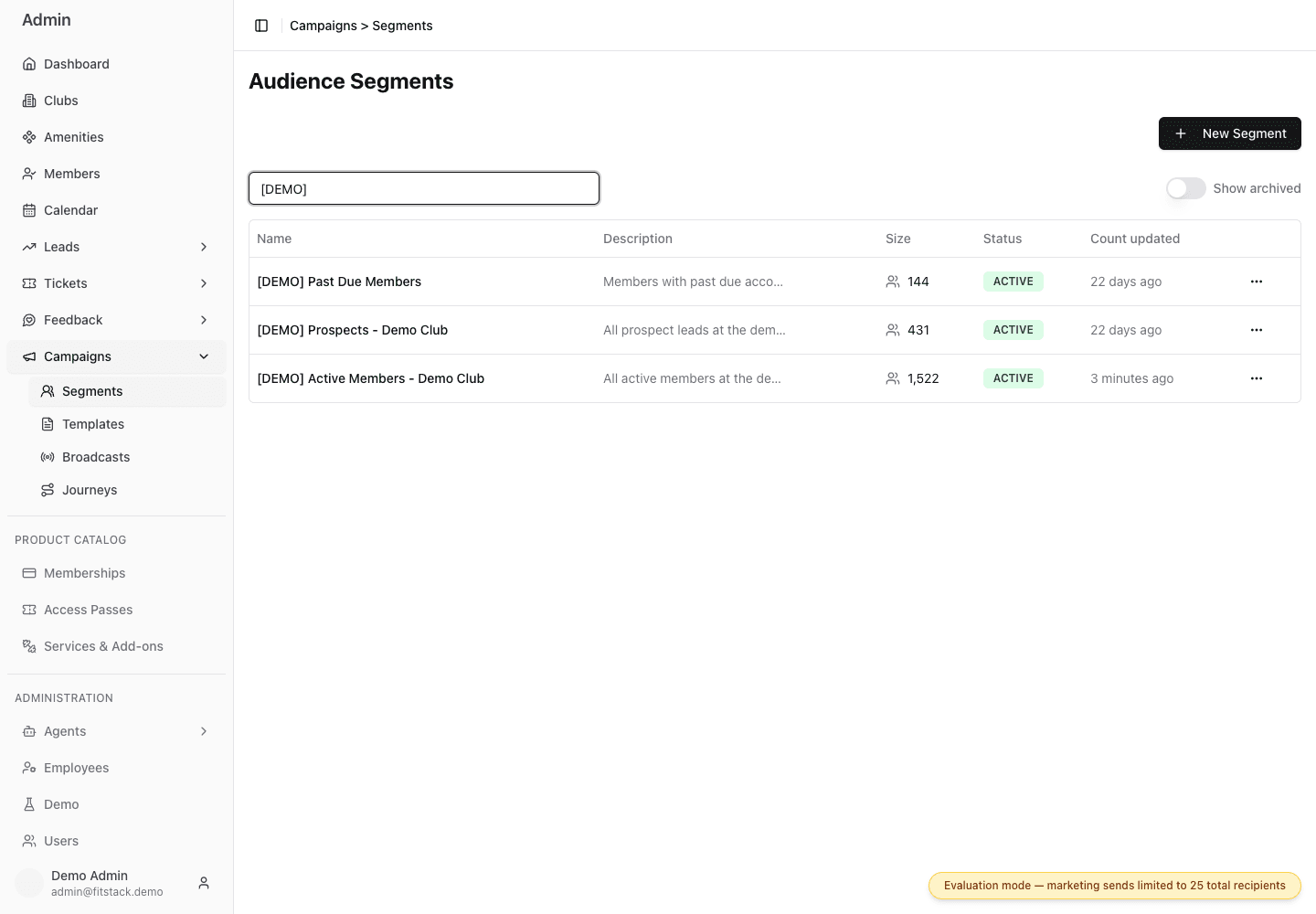 The FitStack Audience Segments page filtered to three synthetic Demo segments