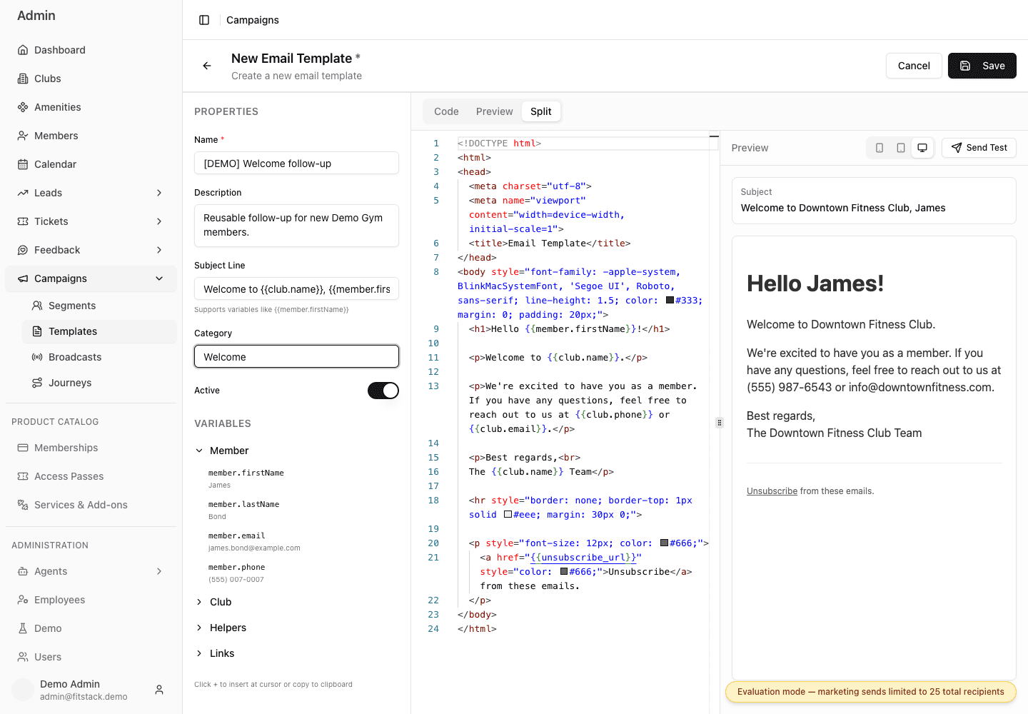 New Email template editor with properties, supported variables, HTML code, rendered preview, device controls, and Save