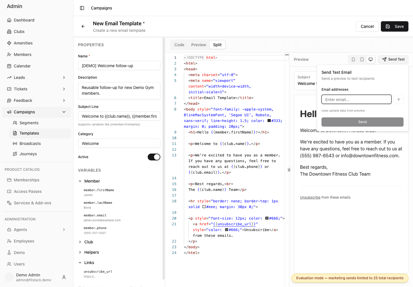 Email template editor showing properties, supported variables, rendered preview controls, and the Send Test popover