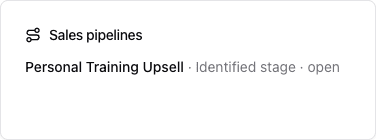 Marketing Test Bench Sales pipelines card showing an open Personal Training Upsell opportunity at the Identified stage