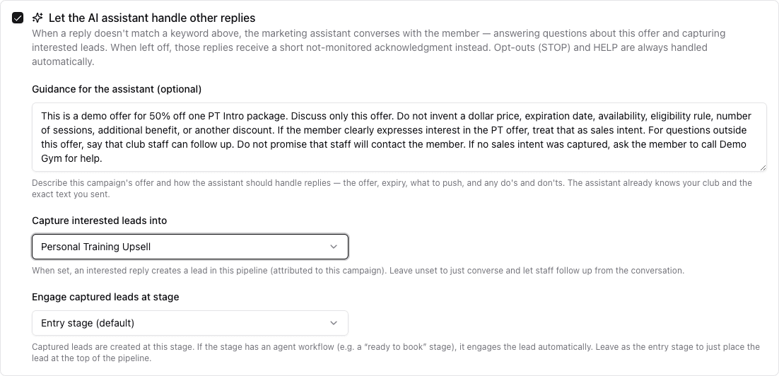 SMS Broadcast Keywords step with AI reply handling enabled, bounded offer guidance, Personal Training Upsell selected, and Entry stage default selected
