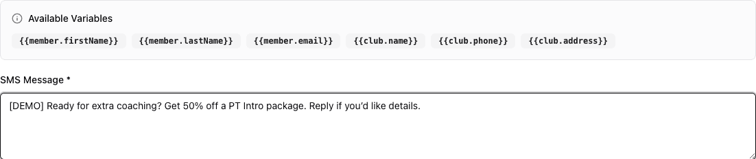SMS Broadcast content editor containing the exact Demo PT Intro offer