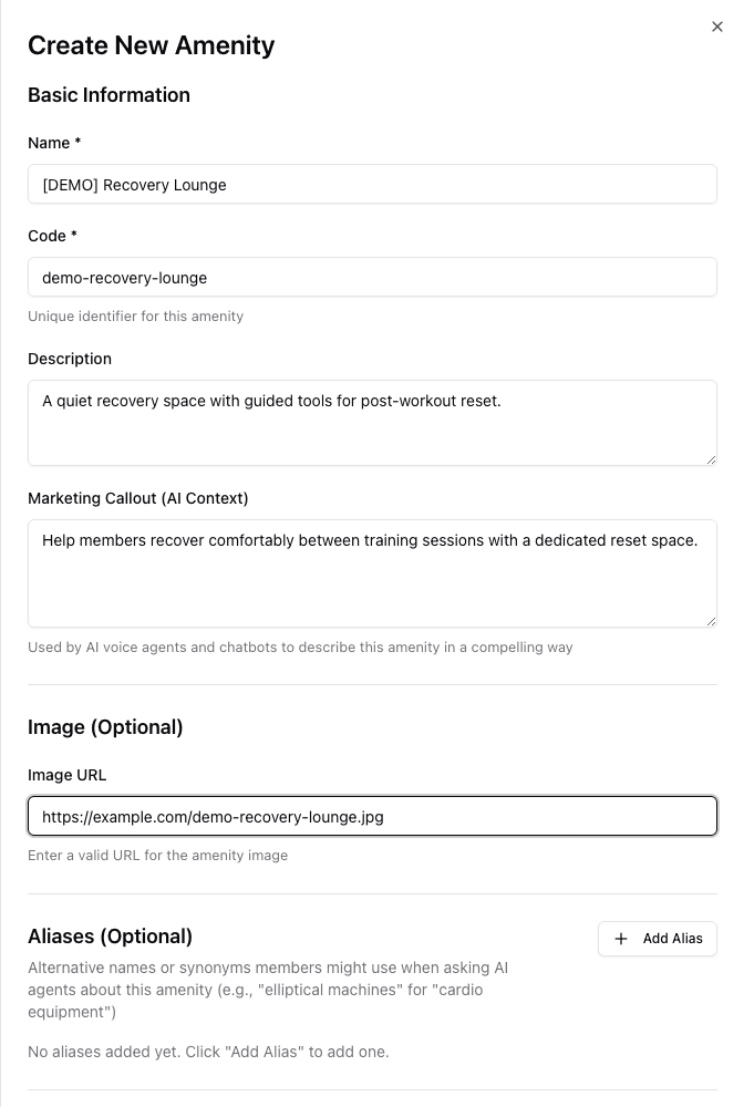 Create New Amenity form with synthetic name, code, description, marketing callout, and image URL values