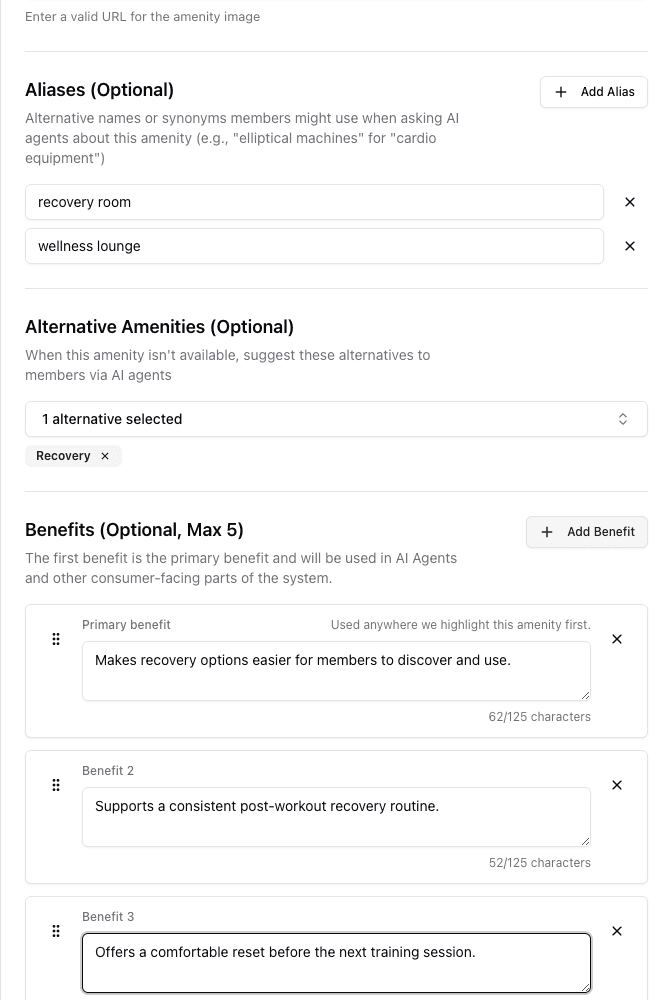 Benefits section with three synthetic amenity benefits and drag handles