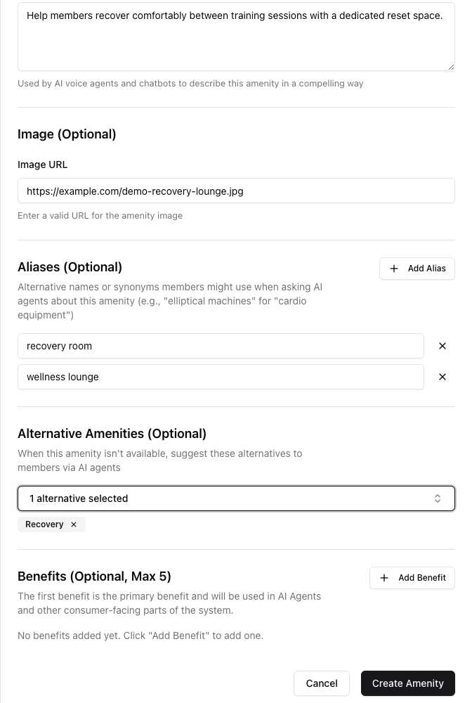 Create New Amenity form showing synthetic aliases, one selected alternative amenity, and the benefits section