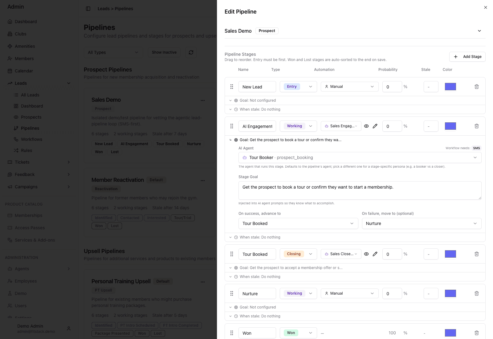 Demo pipeline configuration with a manual Entry stage and an expanded agentic Working stage