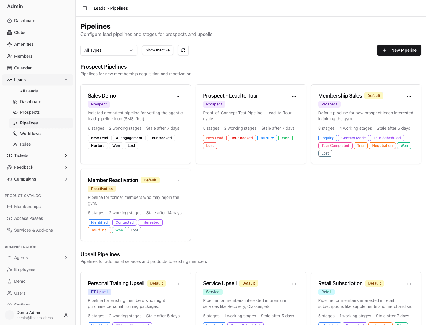 Lead pipeline library in the Demo Admin grouped into Prospect and Upsell pipelines