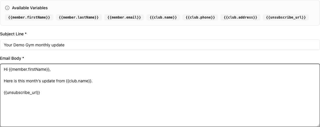 Email content editor with personalization variables, a subject line, body, and unsubscribe URL