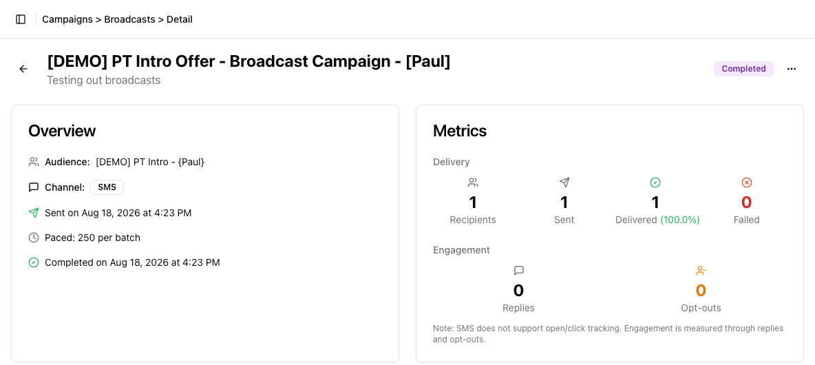 Completed synthetic Demo SMS Broadcast with its audience, pacing, delivery, reply, and opt-out metrics