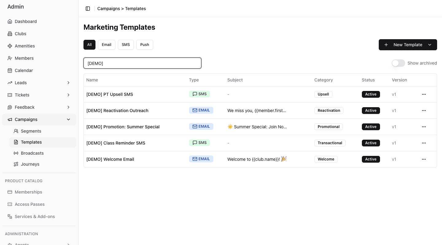 Campaigns Templates library showing Email and SMS entries, filters, search, status, and the New Template menu